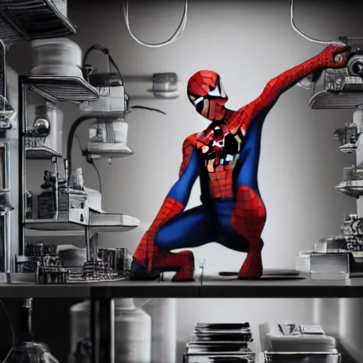 Prompt: medium shot artistic photo of spiderman working as a scientist experimenting in a dark lab, ultra detailed