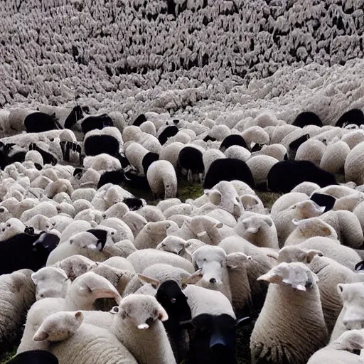 Prompt: hundreds of white sheep falling from a cliff and one black sheep going against the crowd w - 1 9 2 0 h - 7 6 8