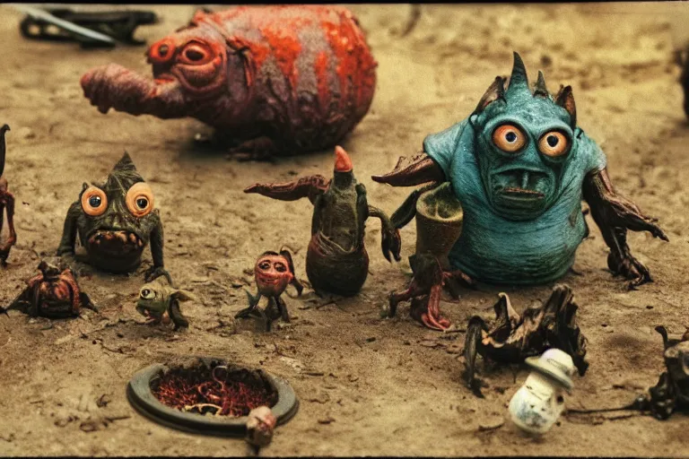 Image similar to autochrome photo of vintage disgusting brown Boglins, plastic goblin monster toys in sewer, kaiju, oni, realistic