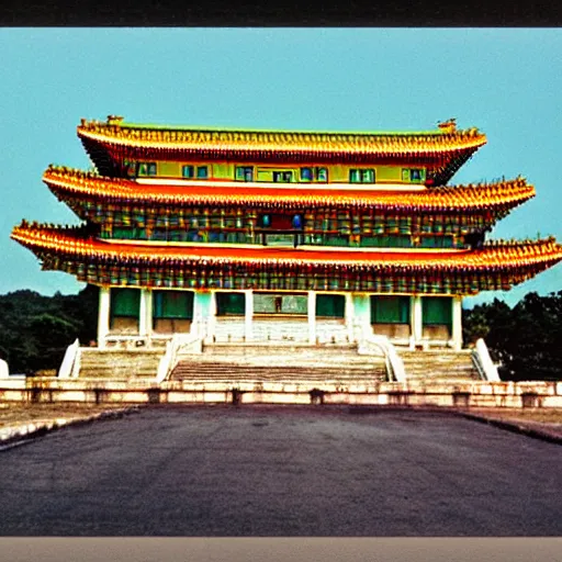 Prompt: a Kaiju Pulgasari overshadowing a Korean palace, Kodachrome 35mm cinemascope, Kim Jong-il production