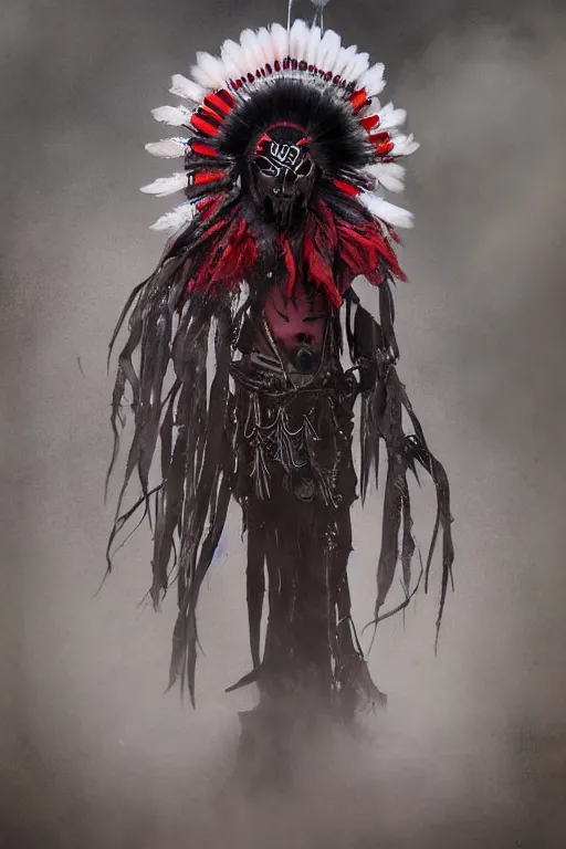 Image similar to the ghost - spirit of the grim - warpaint wears the scarlet skull armor and native blood headdress feathers, midnight fog - mist!, dark oil painting colors, realism, cinematic lighting, various refining methods, micro macro autofocus, ultra definition, award winning photo