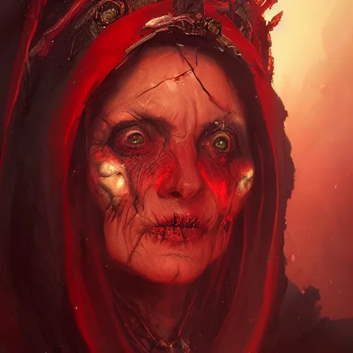 Image similar to a beautiful portrait of an ancient elderly necromancer queen, embers, skeletal, red-fabric, red-eyes, by Greg Rutkowski and Raymond Swanland, Trending on Artstation, ultra realistic digital art