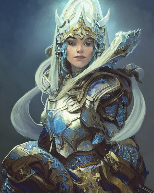 Image similar to Portrait of a Fantasy azure knight, moonlit, HD, illustration, epic, D&D, fantasy, intricate, elegant, highly detailed, digital painting, artstation, concept art, smooth, sharp focus, illustration, art by artgerm and greg rutkowski and alphonse mucha, monster hunter illustrations art book