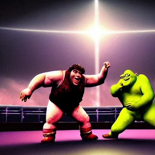 Image similar to shrek vs andre the giant at wrestlemania 8, dramatic lighting, intense battle 8k