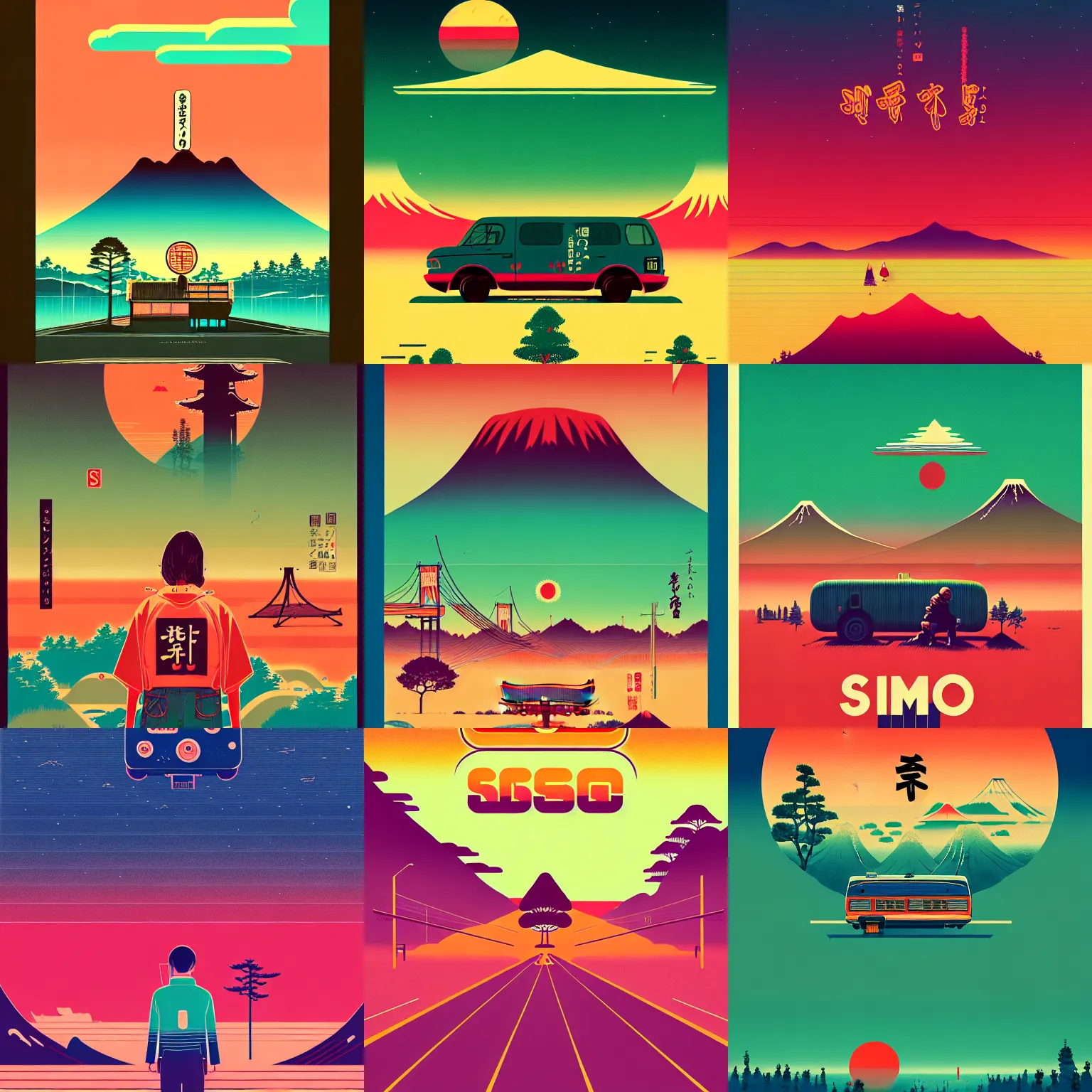 Prompt: beautiful illustration of layout of poster, japanese style, album art, risograph, typography, logo, landscape, simon stalenhag, influenced by retro and vintage, artstation, 8 k