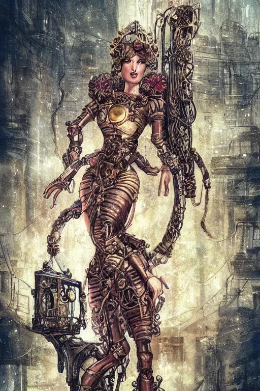 Prompt: brass semi - mechanical woman, portrait, floral art novuea dress, art by ardian syaf, brian froud, moebius, in steampunk cyberpunk cityscape