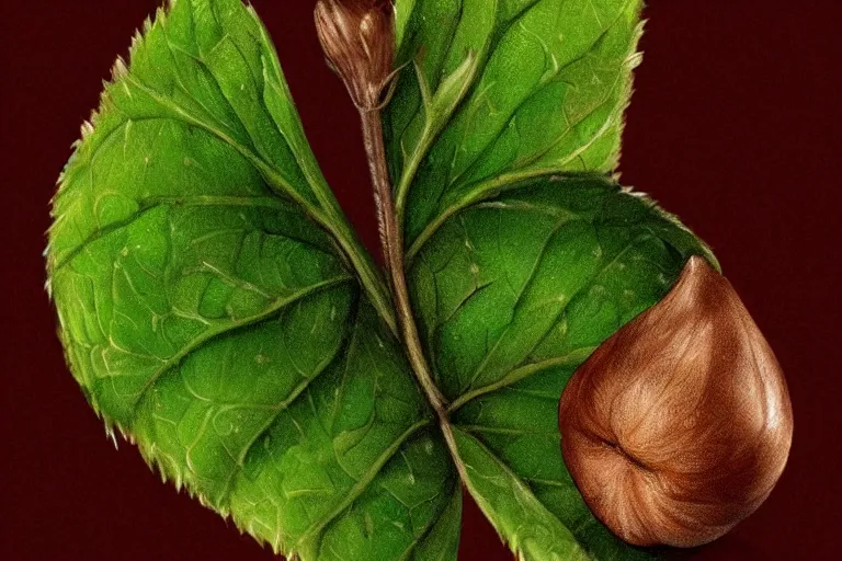 Prompt: a hazelnut with green leaf, macro, fantasy, sharp focus, intricate, elegant, digital painting, artstation, matte, highly detailed, concept art, illustration, ambient lighting, art by Jonatan Iversen-Ejve