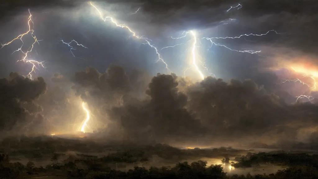 Prompt: battle for earth, lightning, storms, volumetric lightning by eugene von guerard, ivan shishkin, dramatic lighting, concept art, trending on artstation, 8 k