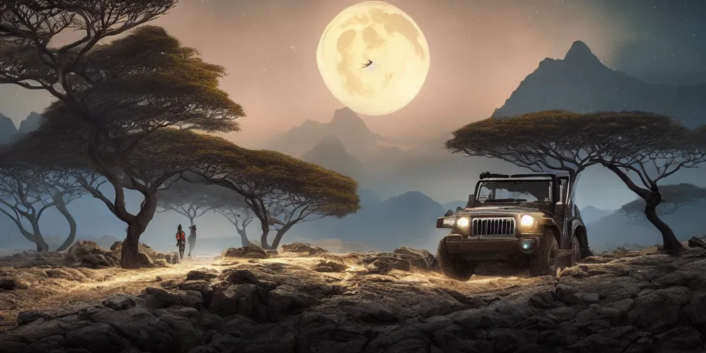 Image similar to mahindra thar riding through moonlit socotra island with dragon trees, starry night, chasing action scene, epic fantasy, sharp focus, trending on ArtStation, masterpiece, by Greg Rutkowski, by Ross Tran, by Fenghua Zhong, corona render, soft render, ultrarealistic, colorful, cinematic, shadow of the tomb rider