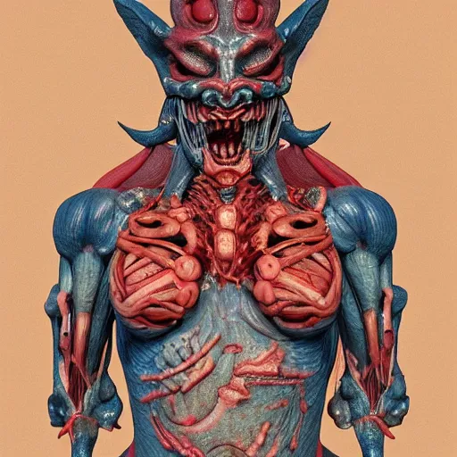 Image similar to japanese demon with deconstructed organs, face, bust, anatomical description, low pastel coloration, complex lights, highly detailed, 8 k