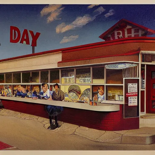 Prompt: a roadside diner open since the 7 0 s in ohio : with free coffee refills, daily specials, and a door you must never open, high quality high detail art by david mattingly and norman rockwell and nc wyeth, hd, realistic, photorealistic lighting, modern supernatural horror.