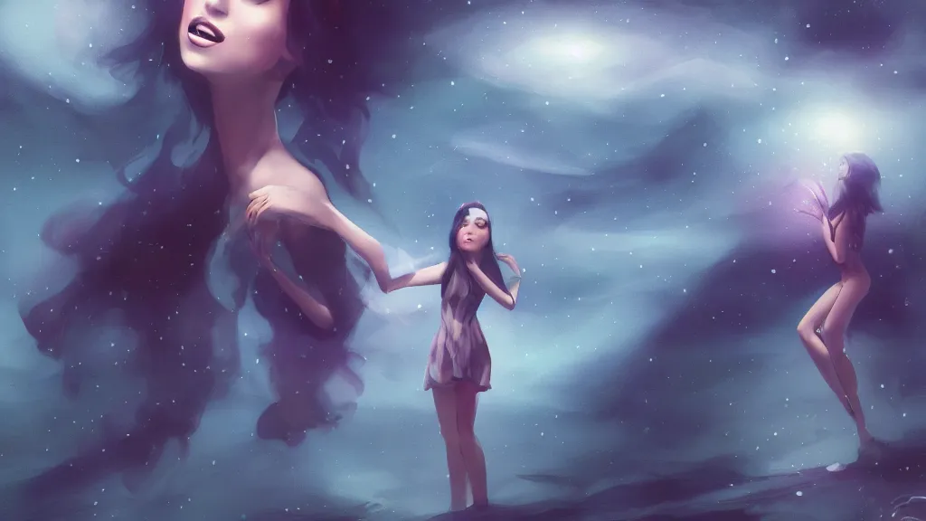 Image similar to whimsical, a single beautiful playful woman, wearing professional makeup, standing in a lake, under the stars, with a binary black hole with a ring in the sky, by Lois van Baarle, by Greg Rutkowski, by artgerm, by ross tran, cinematic angle, face enhance, volumetric lighting, cinematic lighting, digital art, 4k resolution, octane render, trending on artstation, masterpiece