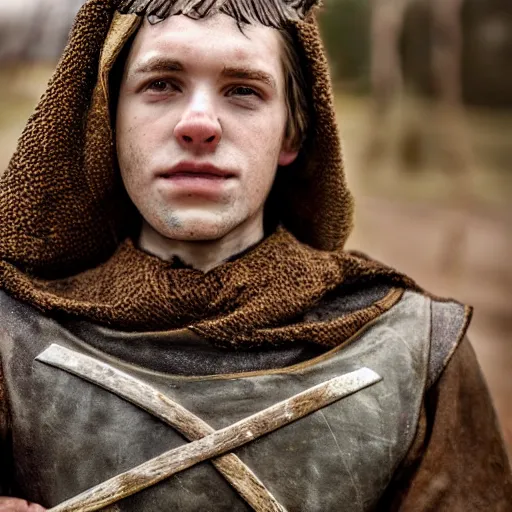 Image similar to Young medieval squire with medieval clothes. Standing in the mud. Face closeup. Hyper realistic photo.