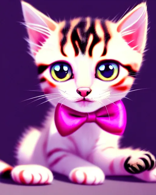 Image similar to hyper - realistic portrait of a very cute kitten, pink bow, big eyes, looking into the camera, gta v cover art, celshading, sharp focus, intricate, detailed, rhads, andreas rocha, makoto shinkai, lois van baarle, ilya kuvshinov, greg rutkowski, dynamic lighting, grunge aesthetic, 4 k