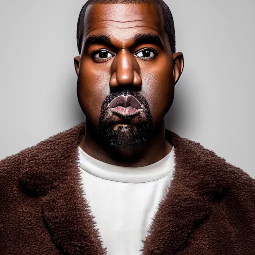 Prompt: the face of kanye west wearing teddy bear costume at 4 0 years old, portrait by julia cameron, chiaroscuro lighting, shallow depth of field, 8 0 mm, f 1. 8