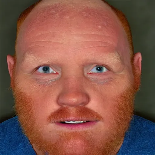 Prompt: 3 / 4 upper body of a 5 0 year old ginger men with crooked teeth, balding, overweight