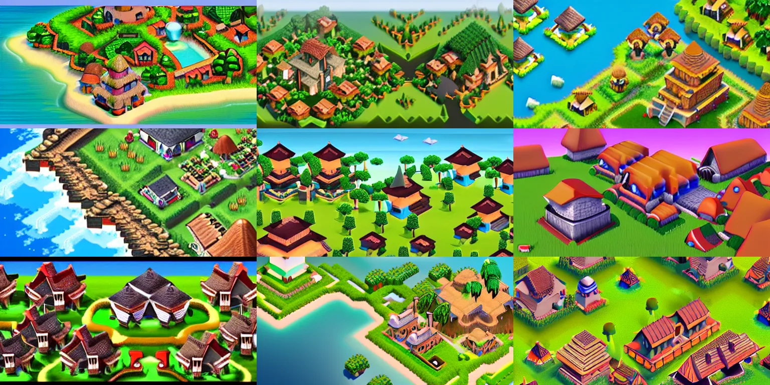 Prompt: digital painting of aerial view of village on island in the style of clash of clans