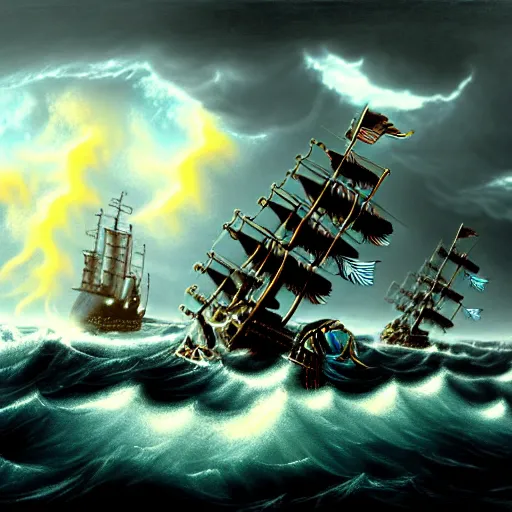 Image similar to a highly detailed hyperrealistic scene of a ship being attacked by giant squid tentacles, jellyfish, squid attack, dark, voluminous clouds, thunder, stormy seas, pirate ship, dark, high contrast