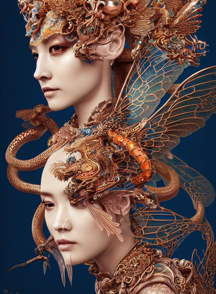 Image similar to 3 d goddess close up profile portrait with agate snake skull, beautiful intricately detailed bird mask and clasical chinese cheongsam. chinese dragon, dragonfly, bio luminescent, plasma, fire, water, wind, creature, artwork by tooth wu and wlop and beeple and greg rutkowski