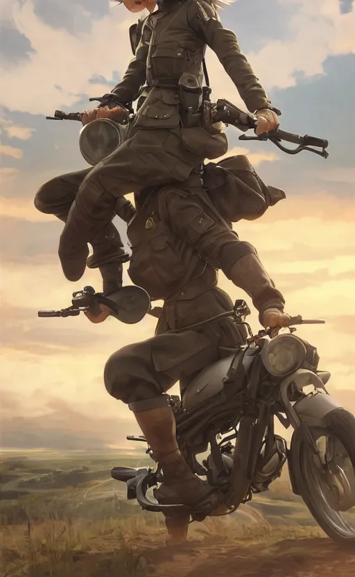 Prompt: panoramic view, a girl riding a motorbike, soldier clothing, battlefield in background, anime style, hair down, symmetrical facial features, realistic hands, from arknights, hyper realistic, 4 k, extreme detail, scifi, trending artstation, safebooru, realistic lighting, by alphonse mucha, greg rutkowski, sharp focus