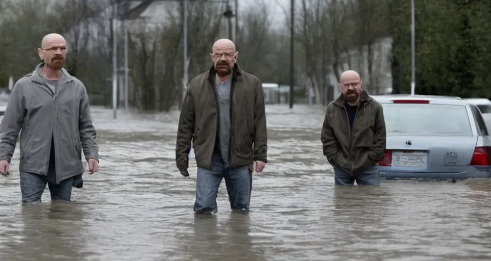 Image similar to Walter White visiting a small german town that is being flooded, movie screenshot, dramatic scene