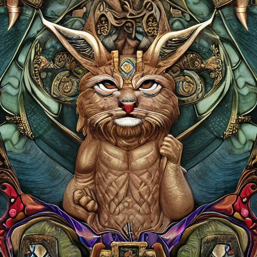 Prompt: a masterpiece hyperdetailed dnd tarot card, magnificent olive laurel wreaths as depicted in a colossal cute caracal marble statue, hd tarot card depicting monumental statue of a cute caracal hdr, 8 k, artstationhq, digital art