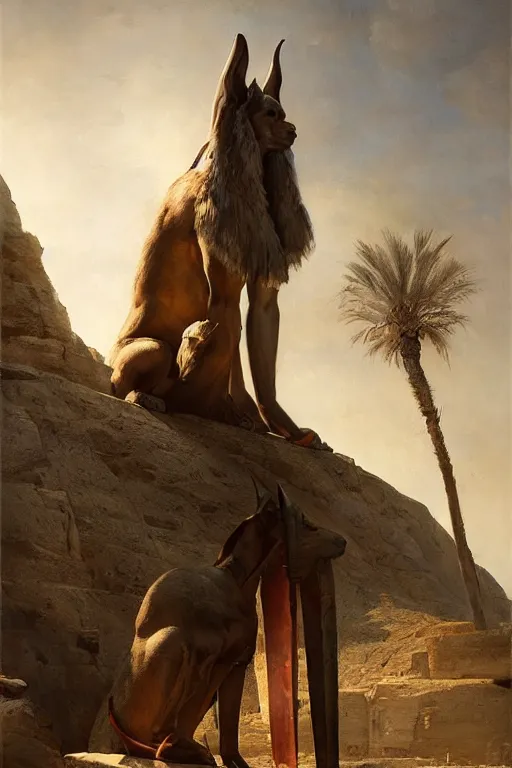 Image similar to beautiful landscape oil matte painting, of ancient egypt giant satue of anubis, art by anders zorn, wonderful masterpiece by greg rutkowski, beautiful cinematic light, thomas lawrence, greg rutkowski