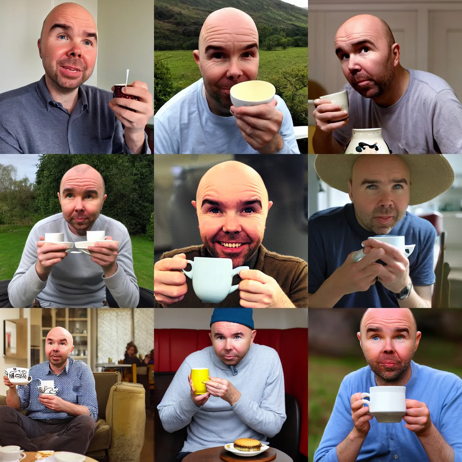 Prompt: karl pilkington enjoying his morning tea