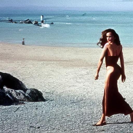 Prompt: bond girl walking at beach, photo, Hollywood movie