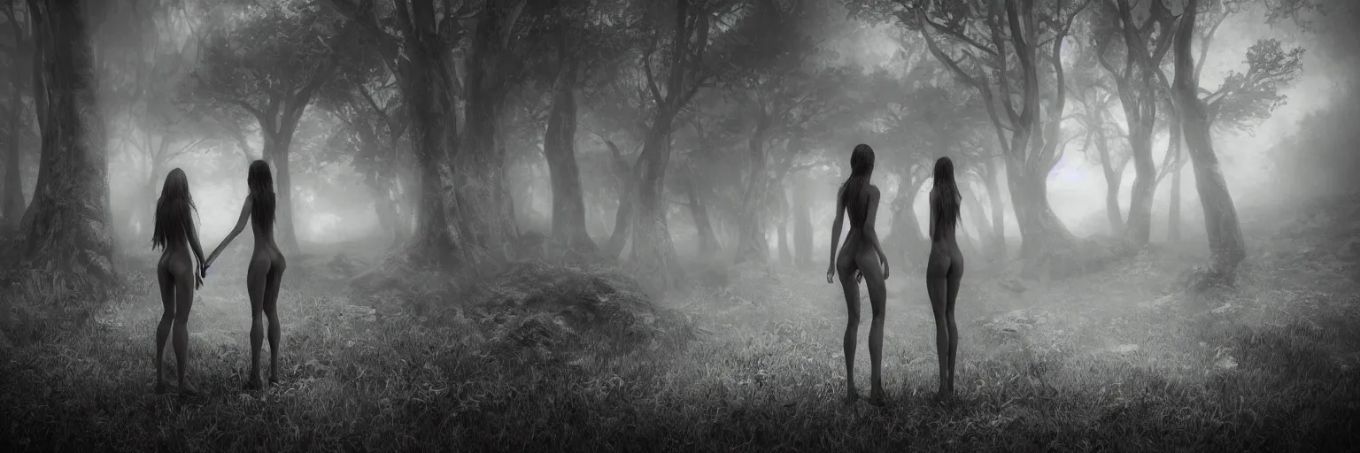 Prompt: epic fantasy render of a two beautiful skinny women in fog, no clothes, long dark hairs, detailed anatomy, white longhaired horses, dark south american woods, mountains, rocks, black and white, highly detailed, cinematic, hyperrealism, dynamic lighting, octane render