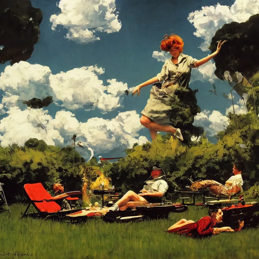 Prompt: a lounge on the edge of a meadow. billowing clouds. highly detailed science fiction painting by norman rockwell, frank frazetta, and syd mead. rich colors, high contrast, gloomy atmosphere, dark background. trending on artstation.