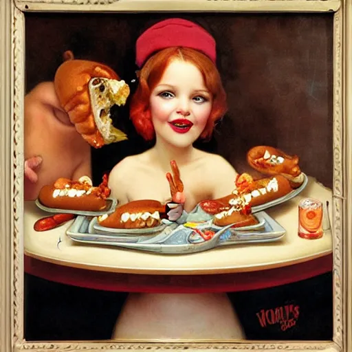 Image similar to hot dogs and yogurt is a messy eating contest, wlop, elvgren, mucha, mark ryden