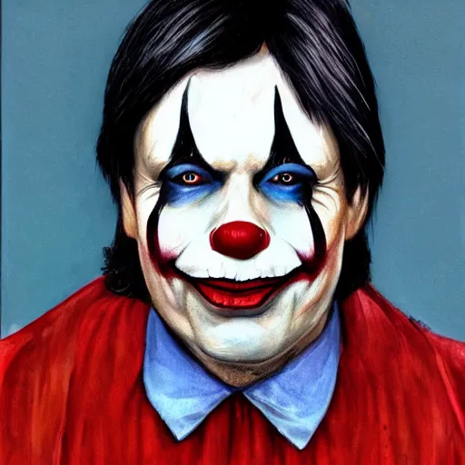 Image similar to a portrait of stephen king with clown makeup on