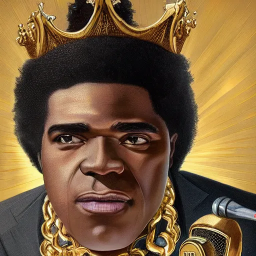 Prompt: highly detailed portrait of James Brown big wearing a gold crown and gold chains and holding a microphone, realistic portrait, symmetrical, highly detailed, digital painting, artstation, concept art, smooth, sharp focus, illustration, cinematic lighting, art by artgerm and greg rutkowski and alphonse mucha