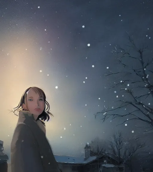 Prompt: face portrait of a beautiful girl in a coat and bra, close portrait, snow - covered small house in a background, night, stars in the sky, the milky way in the sky, winter landscape, painting by craig mullins, octane rendering, wide angle lens, in the style of hayao miyazaki, trending on artstation,