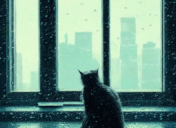 Prompt: back of cat sitting in front of a window looking out at a rainy cyberpunk city at night, cozy indoor lighting, greg rutkowski, alena aenami, artstation, detailed, digital painting