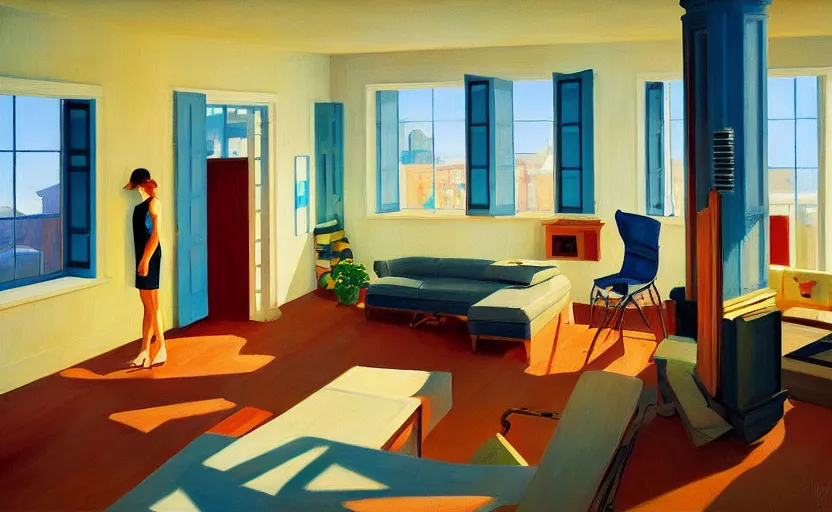 Image similar to Interior shot of contemporary cozy loft, very coherent, painted by Edward Hopper, painted by James Gilleard, airbrush, art by JamesJean