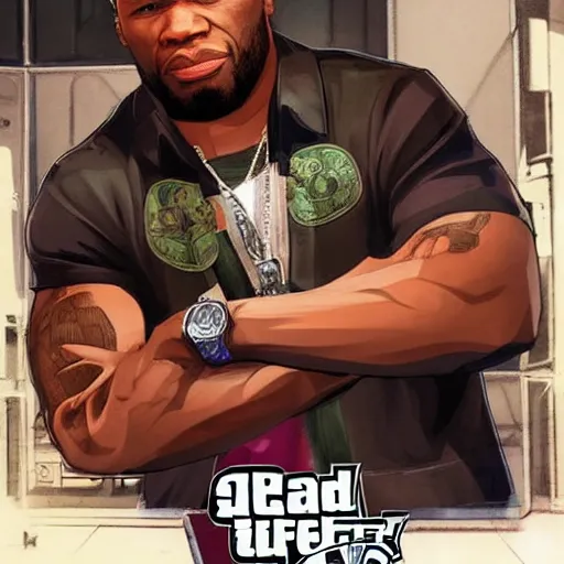 Prompt: 50 cent in a GTA 5 loading screen, concept art by Anthony McBain