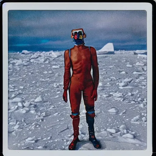 Image similar to an albanian cyborg in antarctica, 9 0 s polaroid, colored, by jamel shabbaz, robert mapplethorpe, davide sorrenti