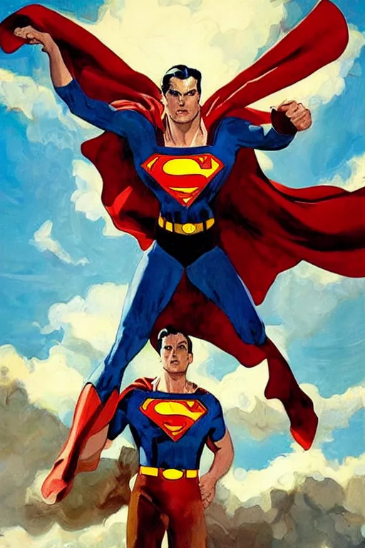 Image similar to superman vs homelader, painting by jc leyendecker!! phil hale!, angular, brush strokes, painterly, vintage, crisp