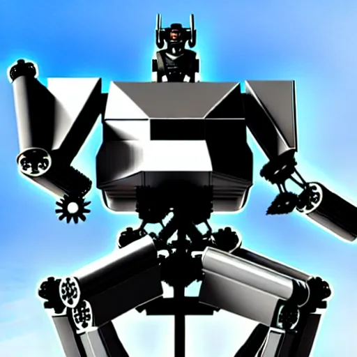 Prompt: a man sitting on a mecha’s shoulders, hyperrealistic, 3D