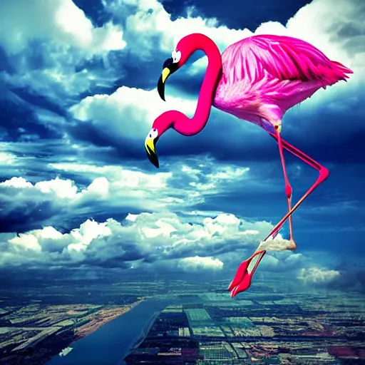 Prompt: toni wearing a flamingo fashion, photoshop, colossal, creative, giant, digital art, city, photo manipulation, clouds, sky view from the airplane window