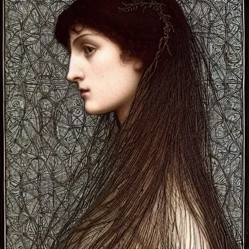 Image similar to Symmetric pre-raphaelite painting of a beautiful dark woman with dark hair in a very detailed grey dressby JW Waterhouse, surrounded by an extremely detailed dark black highly detailed mathematical drawings of neural networks and geometry, extremely detailed mathematical drawings of geometry and networks by Giger