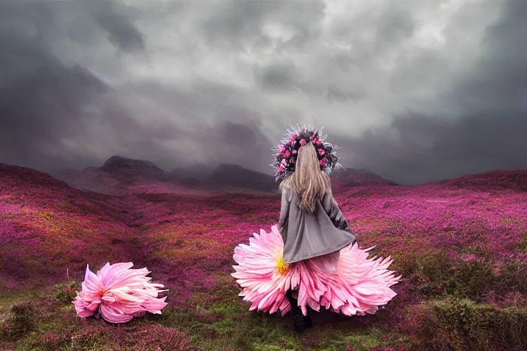 Image similar to giant dahlia flower crown under head, girl walking on mountain, surreal photography, pink and grey storm clouds, dramatic light, impressionist painting, digital painting, artstation, simon stalenhag