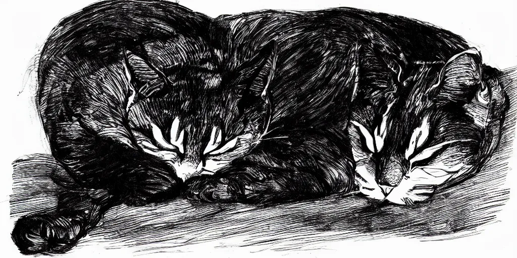 Prompt: ink lineart drawing of a sleeping cat, white background, etchings by goya, chinese brush pen illustration, high contrast, deep black tones, contour