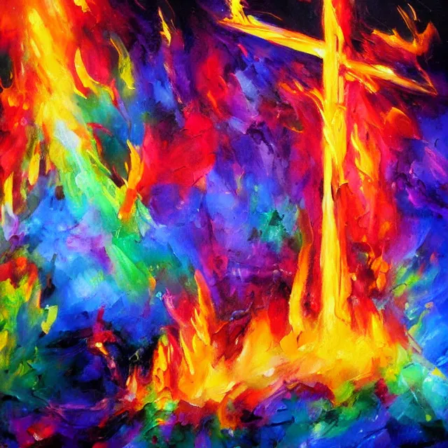 Image similar to cross on fire gushing flames in rainbow colors, oil painting, bold strokes