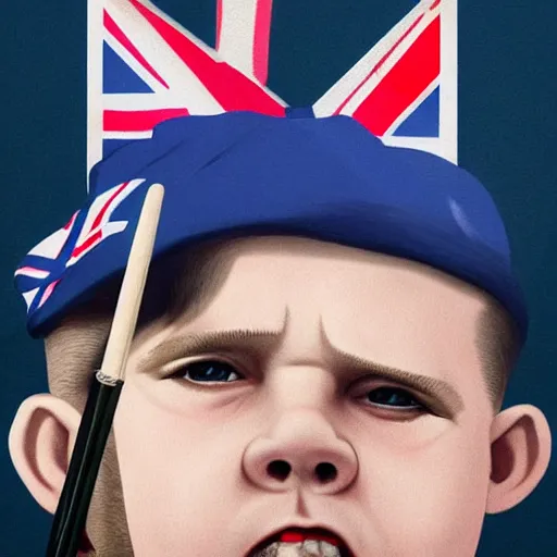 Image similar to a close up portrait of a british bully with a bat in one hand and the brexit flag in the other one, 2d, ultra highly detailed, digital painting, smooth, sharp focus, artstation, pixiv, art by Ilya Kuvshinov