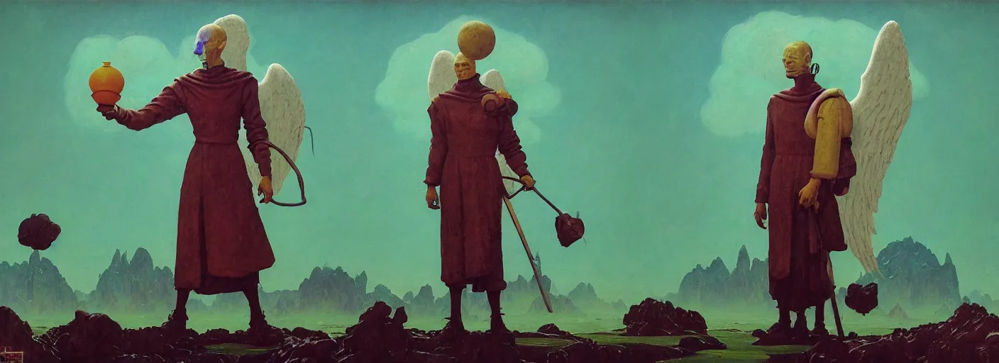 Image similar to full - body portrait surreal colorful clay fighting artstation rpg angel character concept art anatomy, action pose, very coherent and colorful high contrast masterpiece by norman rockwell franz sedlacek hieronymus bosch dean ellis simon stalenhag rene magritte gediminas pranckevicius, dark shadows, sunny day, hard lighting, reference sheet white! background