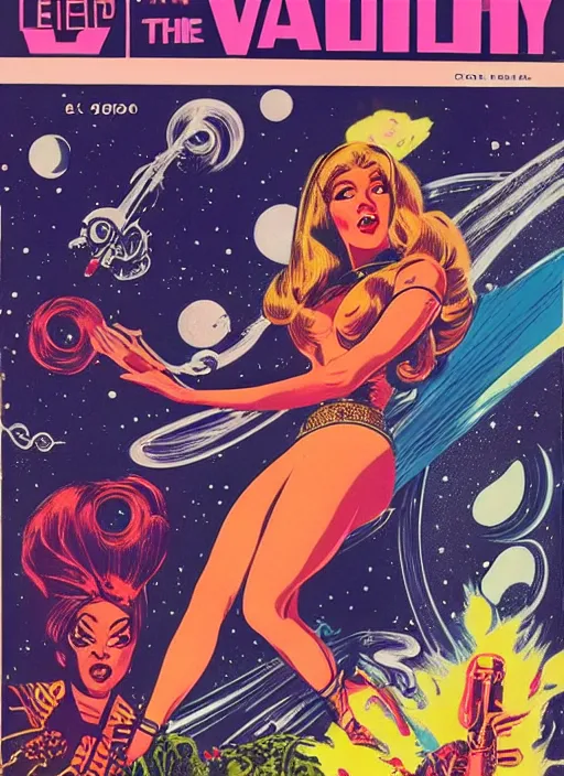Prompt: Beautiful female powerful epic space wizard with long hair in 'Valley of the Dolls', retro science fiction cover by Jon Steranko and Kelly Freas (1965), vintage 1960 print, vivid, detailed