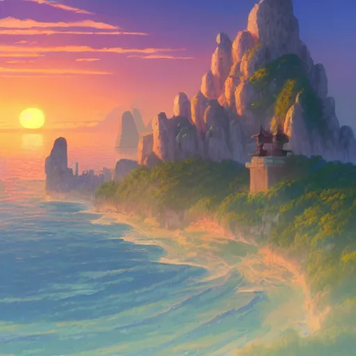 Image similar to beautiful matte digital fantasy concept art of the shore of the island of monuments and statues, with a spectacular sunset, from the studio ghibli movie island monuments, by andreas rocha, pastel color palette, trending on artstation hq, 8 k